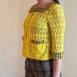Trina Turk Crochet Jacket, Brass Embellishments, 3/4 Sleeves, Size 4